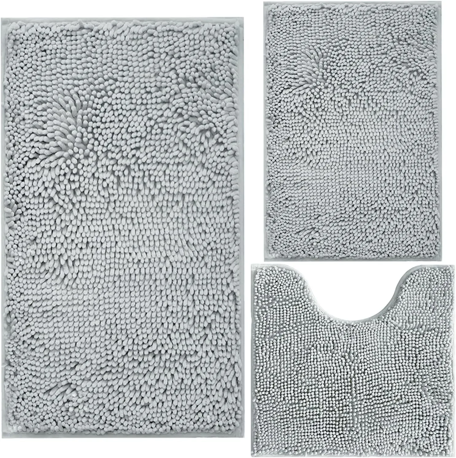 Bathroom Rugs Chenille 3-Piece Extra Soft and Absorbent Shag Bathroom Rugs, Machine Wash Mat, Strong PVC Non-Slip Underside, Plush Carpet Mats (Light Grey)