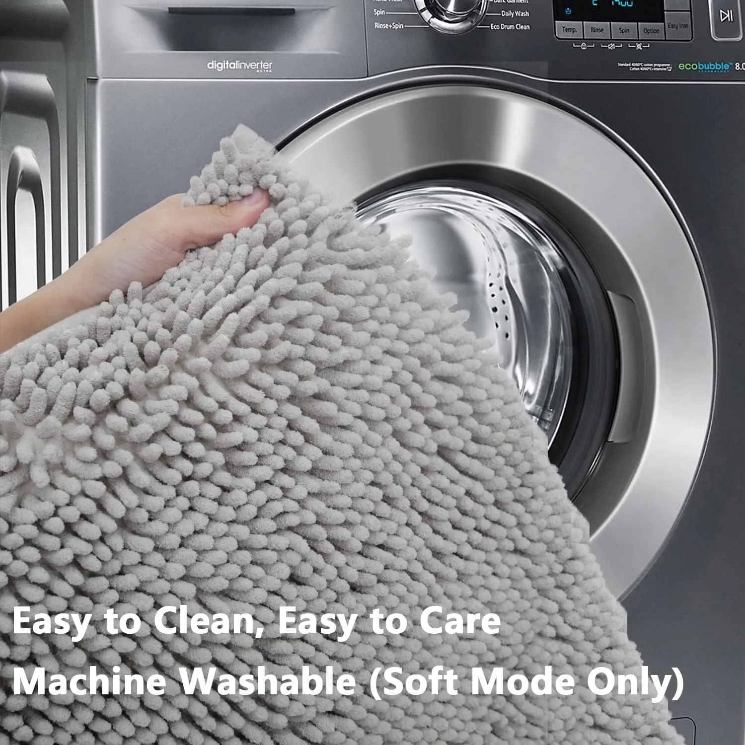 Bathroom Rugs Chenille 3-Piece Extra Soft and Absorbent Shag Bathroom Rugs, Machine Wash Mat, Strong PVC Non-Slip Underside, Plush Carpet Mats (Light Grey)