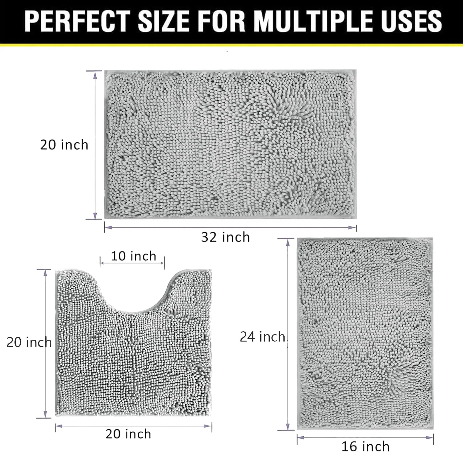 Bathroom Rugs Chenille 3-Piece Extra Soft and Absorbent Shag Bathroom Rugs, Machine Wash Mat, Strong PVC Non-Slip Underside, Plush Carpet Mats (Light Grey)