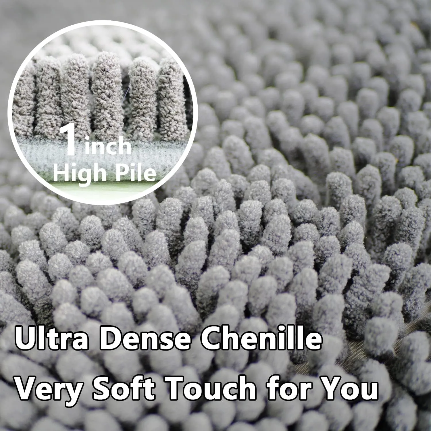 Bathroom Rugs Chenille 3-Piece Extra Soft and Absorbent Shag Bathroom Rugs, Machine Wash Mat, Strong PVC Non-Slip Underside, Plush Carpet Mats (Light Grey)