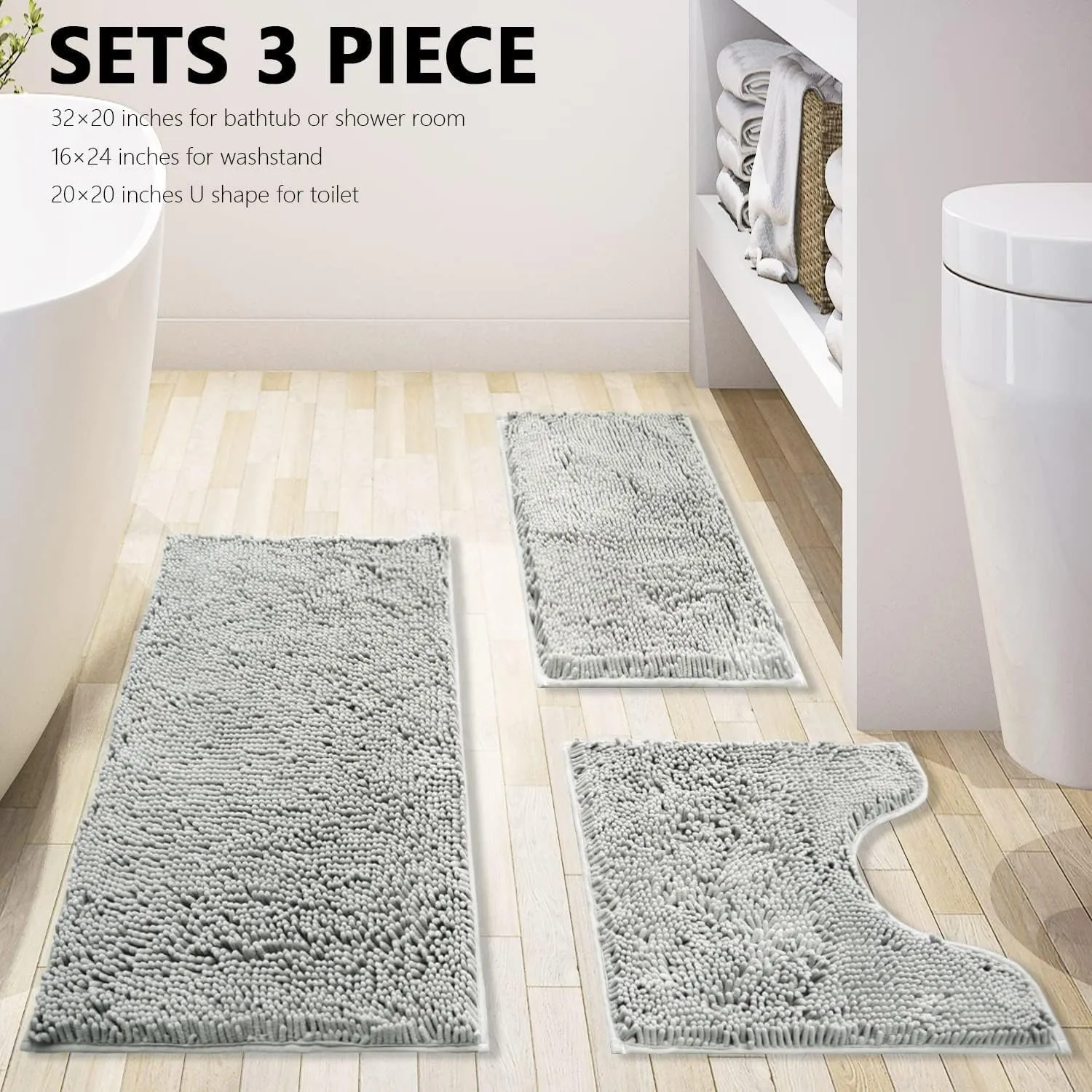 Bathroom Rugs Chenille 3-Piece Extra Soft and Absorbent Shag Bathroom Rugs, Machine Wash Mat, Strong PVC Non-Slip Underside, Plush Carpet Mats (Light Grey)