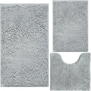 Bathroom Rugs Chenille 3-Piece Extra Soft and Absorbent Shag Bathroom Rugs, Machine Wash Mat, Strong PVC Non-Slip Underside, Plush Carpet Mats (Light Grey)