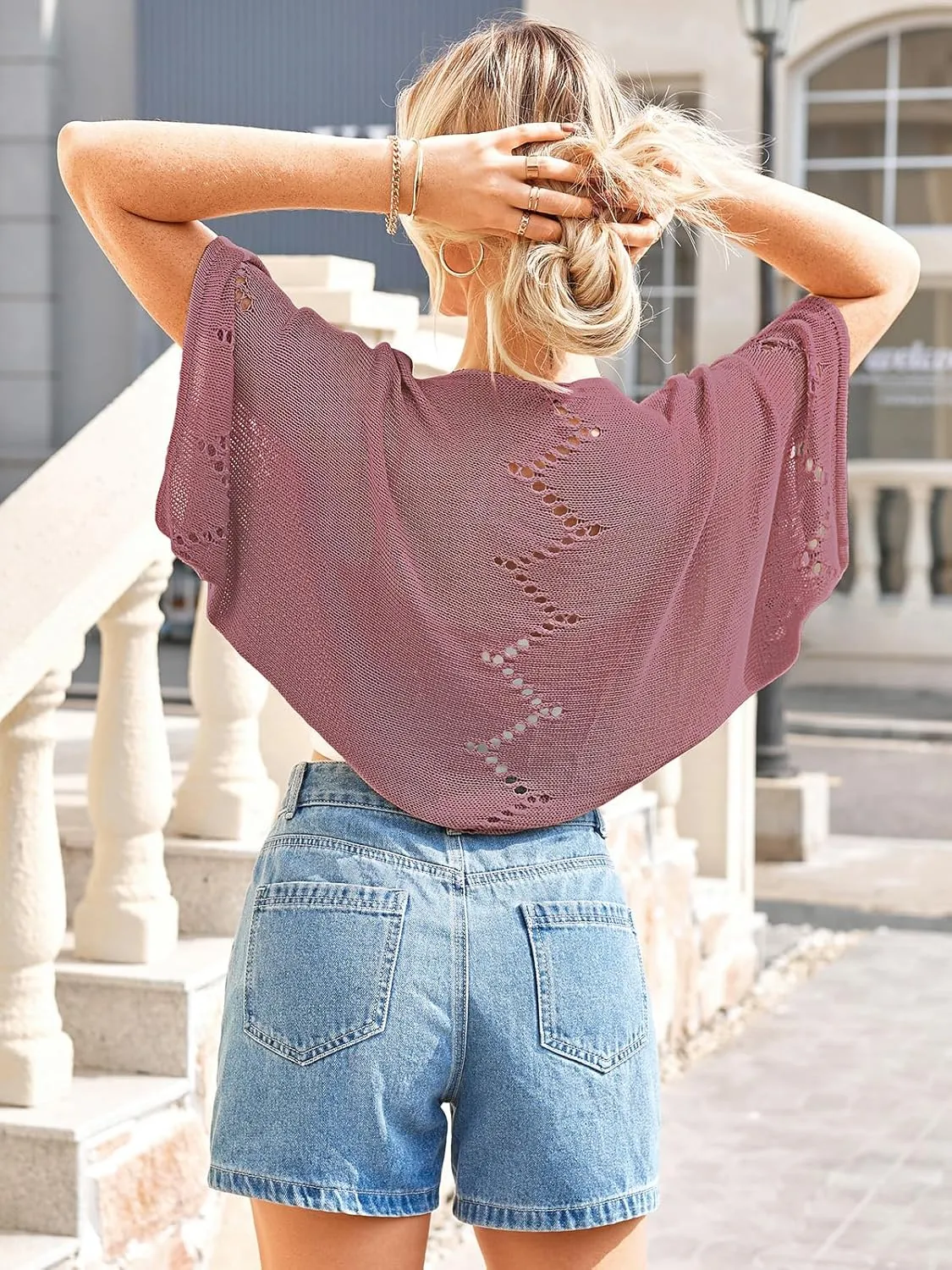 BB&KK Women's Summer Crochet Cardigans Hollow-Out Batwing Short Sleeve Lightweight Open Front Shrug Bolero Sweaters