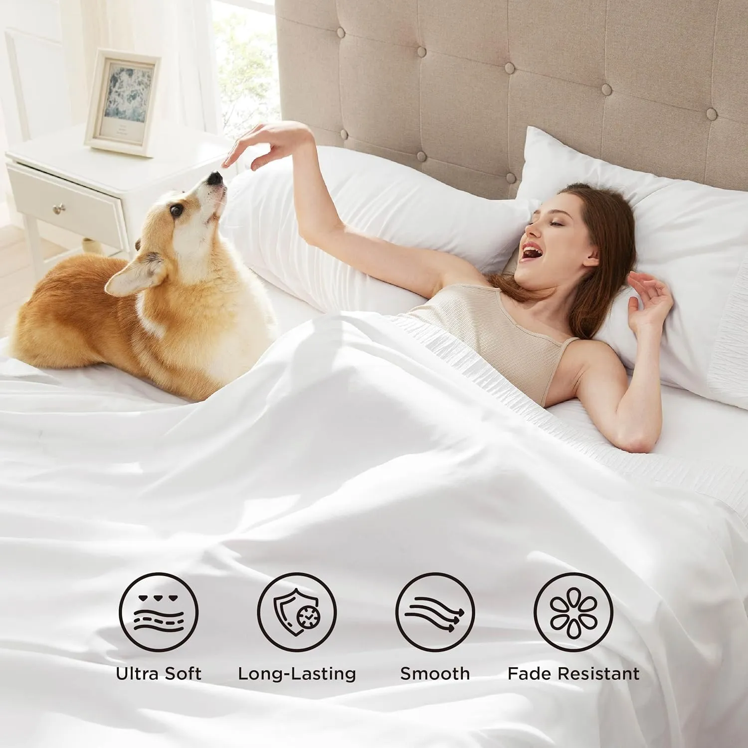 Bedsure Queen Sheet Set - 4 Pieces Soft Queen Size Sheets - Breathable & Cooling - Hotel Luxury - Easy Care Polyester Microfiber Bedding for Women, Men, Bright White