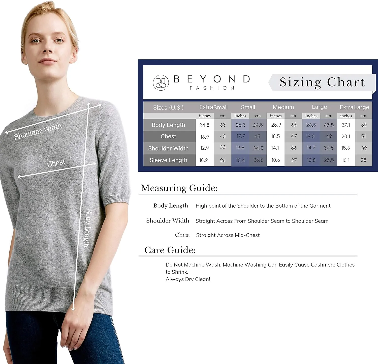 BEYOND FASHION Women's T Shirt Crew Neck Short Sleeve Pullover -100% Pure Cashmere - Heavenly Soft