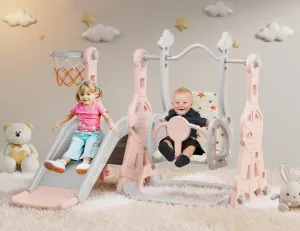 BIERUM 4 in 1 Toddler Slide and Swing Set, Baby Slide for Toddlers Age 1-2, with Basketball Hoop, Indoor Outdoor Slide Playset Toddler Playground Pink