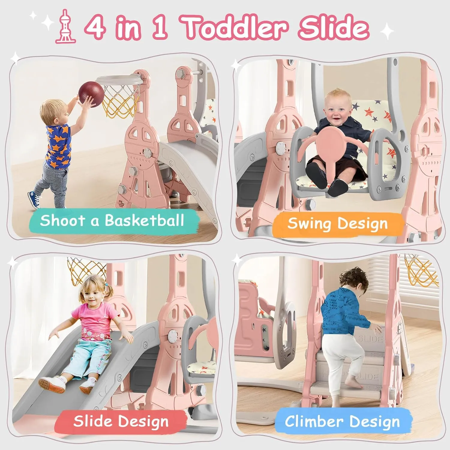 BIERUM 4 in 1 Toddler Slide and Swing Set, Baby Slide for Toddlers Age 1-2, with Basketball Hoop, Indoor Outdoor Slide Playset Toddler Playground Pink