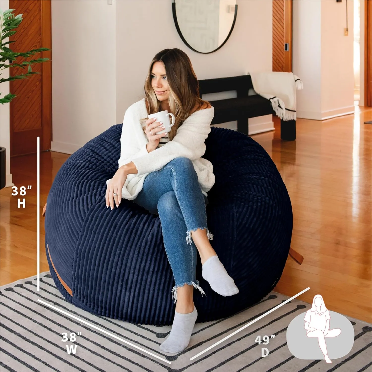 Big Joe Fuf Large Foam Filled Bean Bag Chair with Removable Cover, Midnight Blue, Corded Plush, 4 feet Big