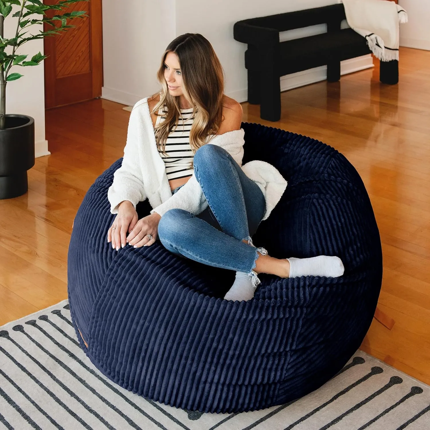 Big Joe Fuf Large Foam Filled Bean Bag Chair with Removable Cover, Midnight Blue, Corded Plush, 4 feet Big