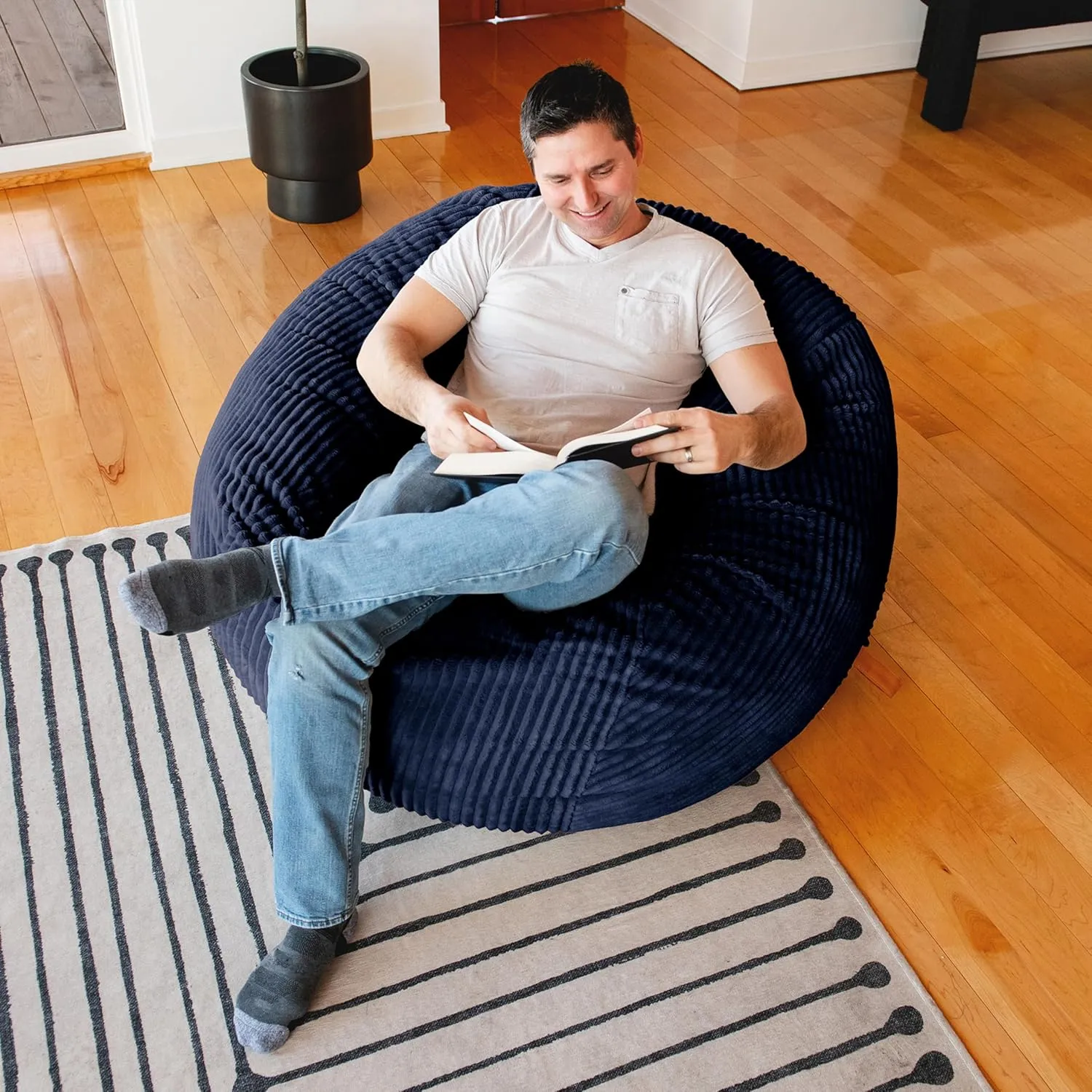 Big Joe Fuf Large Foam Filled Bean Bag Chair with Removable Cover, Midnight Blue, Corded Plush, 4 feet Big