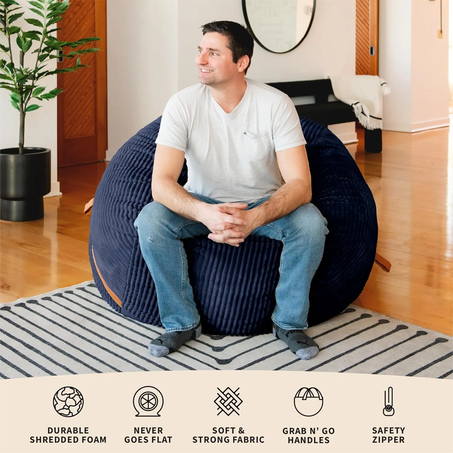 Big Joe Fuf Large Foam Filled Bean Bag Chair with Removable Cover, Midnight Blue, Corded Plush, 4 feet Big