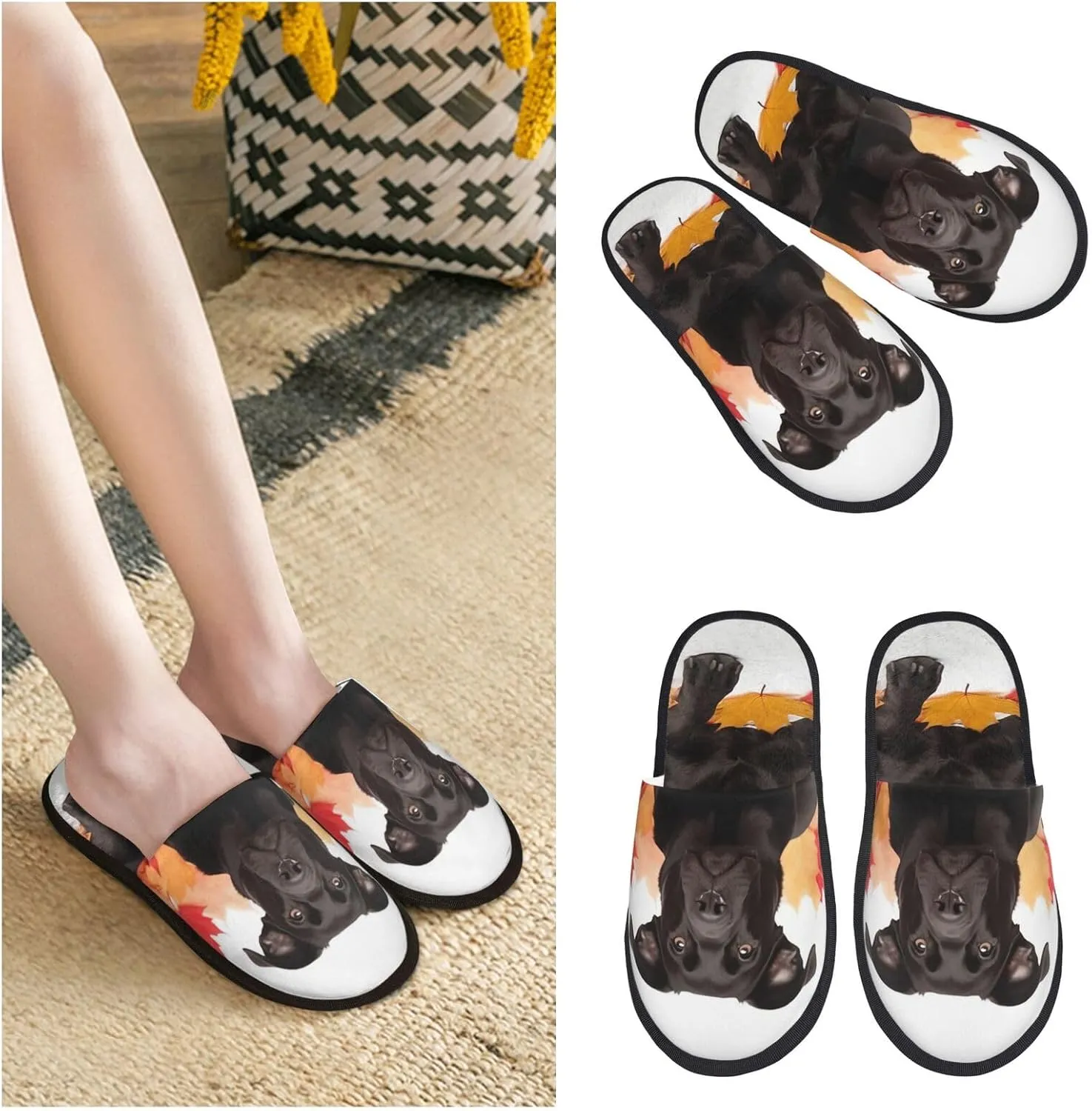 Black Dog Lie on Maple Leaf Furry Slippers for Men Women Fuzzy Memory Foam Slippers Warm Comfy Slip-on Bedroom Shoes Winter House Shoes for Indoor Outdoor