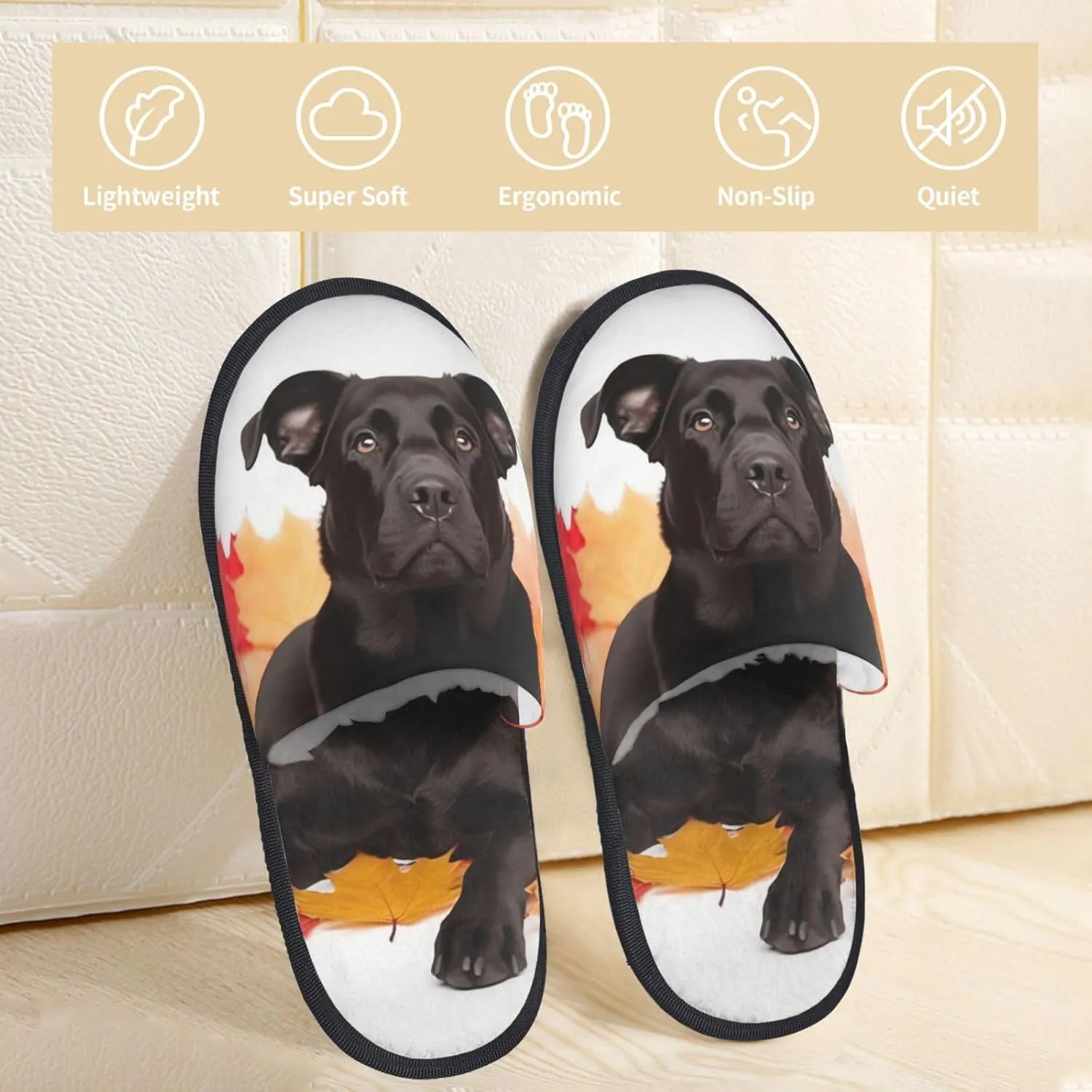 Black Dog Lie on Maple Leaf Furry Slippers for Men Women Fuzzy Memory Foam Slippers Warm Comfy Slip-on Bedroom Shoes Winter House Shoes for Indoor Outdoor