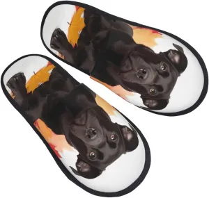 Black Dog Lie on Maple Leaf Furry Slippers for Men Women Fuzzy Memory Foam Slippers Warm Comfy Slip-on Bedroom Shoes Winter House Shoes for Indoor Outdoor