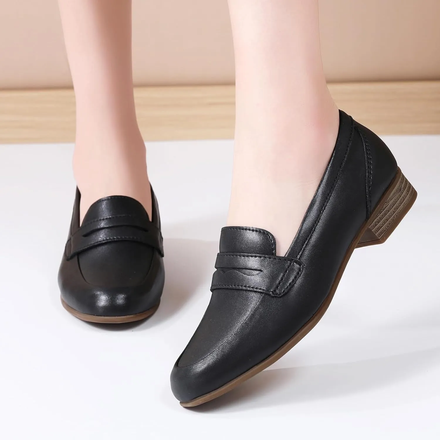 Black Women's Loafers & Slip-ons Flats Penny Round Toe Non-Slip Classic Business Casual Comfortable Dressy Office Work Slip On Shoes