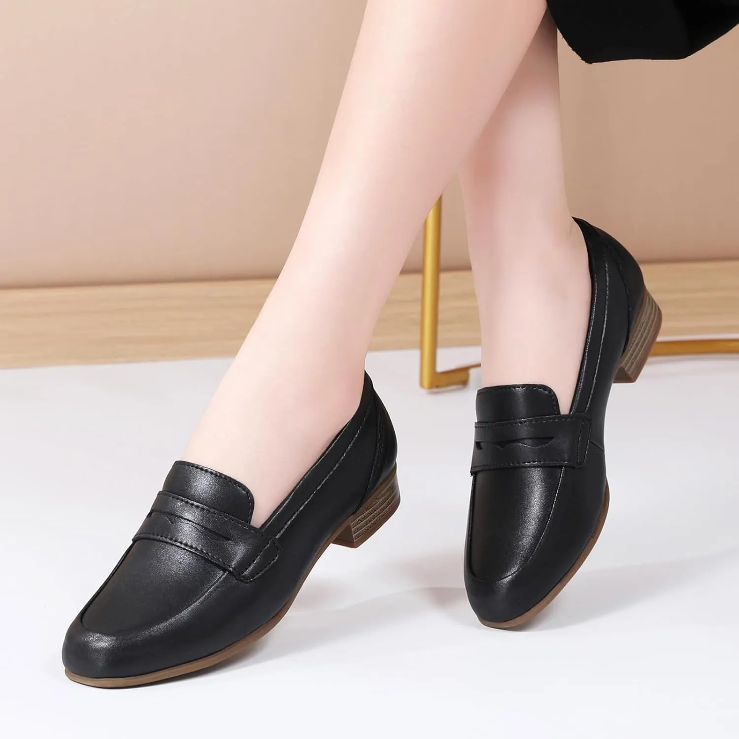 Black Women's Loafers & Slip-ons Flats Penny Round Toe Non-Slip Classic Business Casual Comfortable Dressy Office Work Slip On Shoes