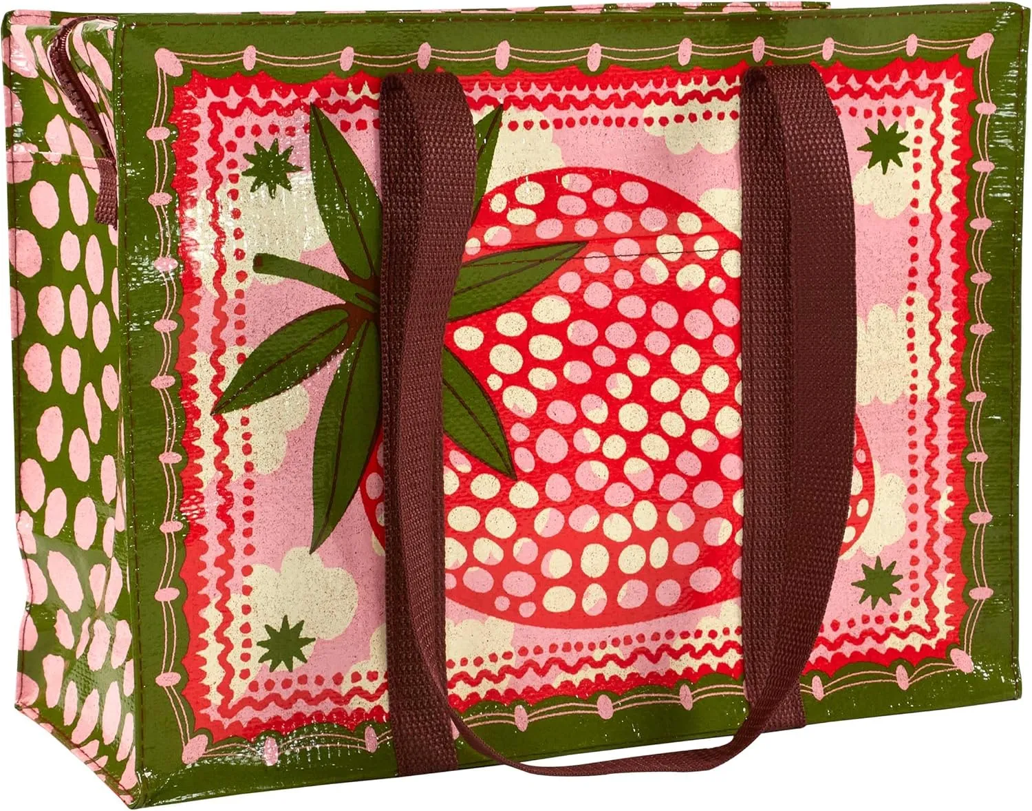 Blue Q Strawberry Clouds Shoulder Tote is the carry-everywhere bag featuring a hefty zipper, exterior pocket, wrap-around straps, reinforced floor, 95% recycled material, 11" h x 15" w x 6.25" d