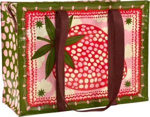Blue Q Strawberry Clouds Shoulder Tote is the carry-everywhere bag featuring a hefty zipper, exterior pocket, wrap-around straps, reinforced floor, 95% recycled material, 11" h x 15" w x 6.25" d