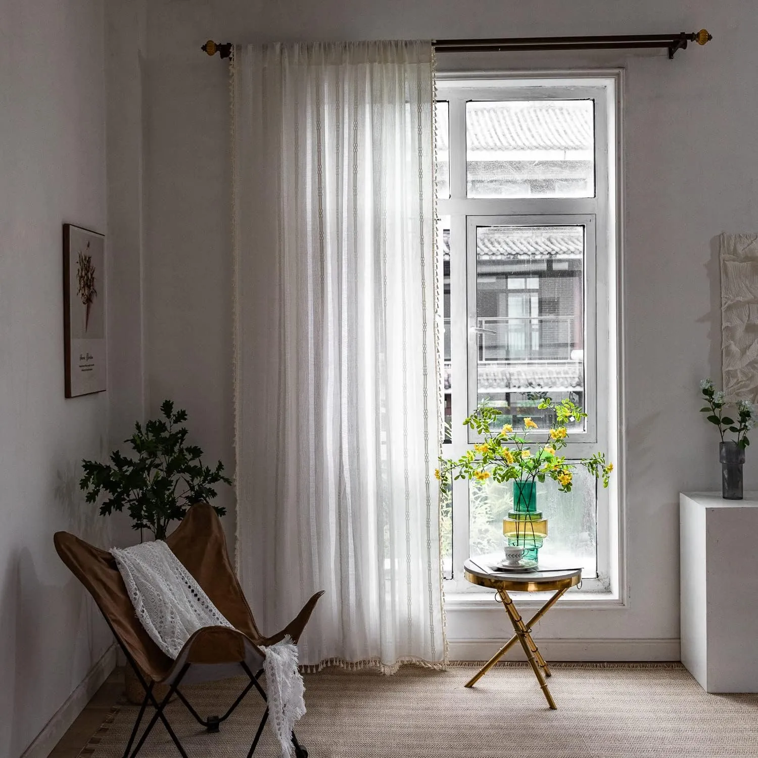 Boho Curtains for Bedroom Embroidery Striped Farmhouse 84 Inches Long 2 Pannels Set White Linen Light Filtering for Living Room Rod Pocket Drapes(52" W x 84" L,White)