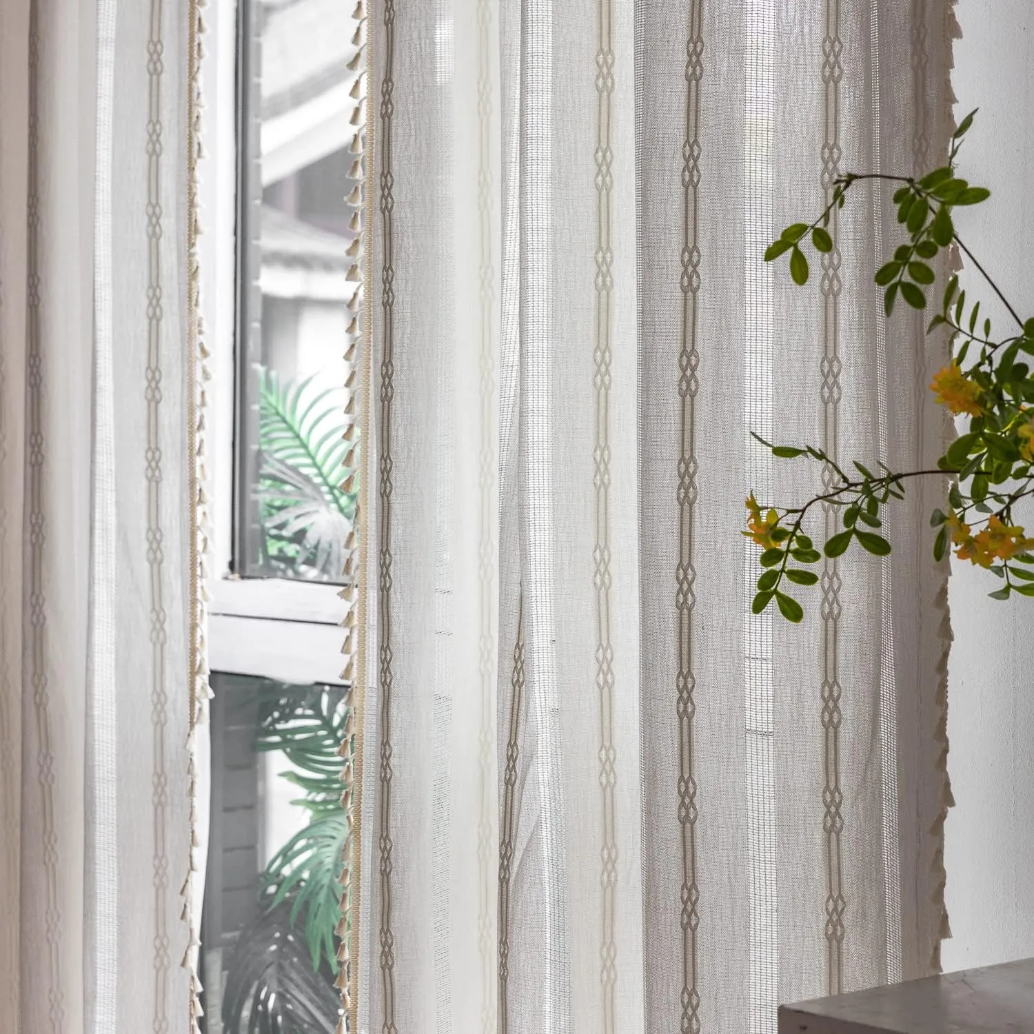 Boho Curtains for Bedroom Embroidery Striped Farmhouse 84 Inches Long 2 Pannels Set White Linen Light Filtering for Living Room Rod Pocket Drapes(52" W x 84" L,White)