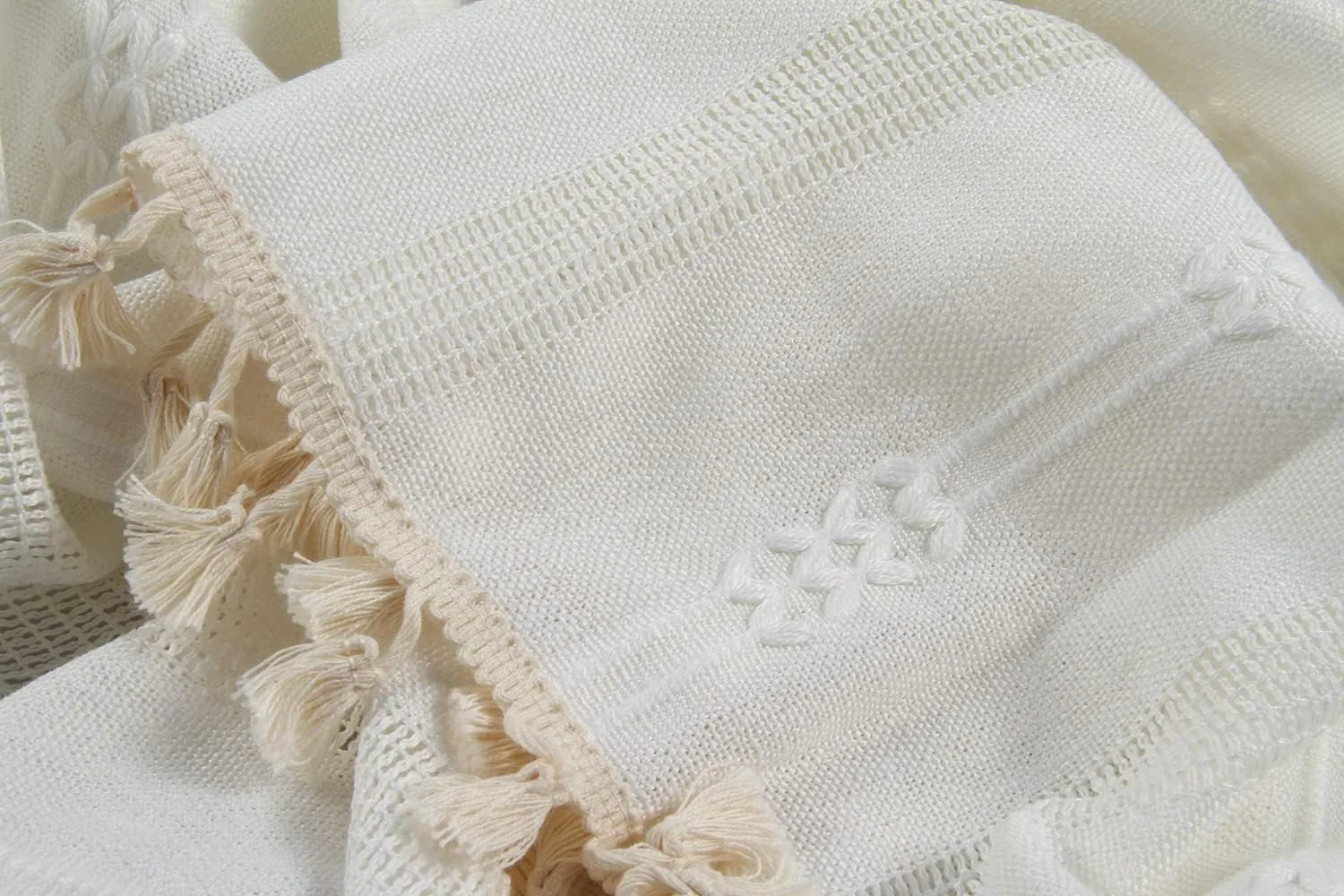 Boho Curtains for Bedroom Embroidery Striped Farmhouse 84 Inches Long 2 Pannels Set White Linen Light Filtering for Living Room Rod Pocket Drapes(52" W x 84" L,White)