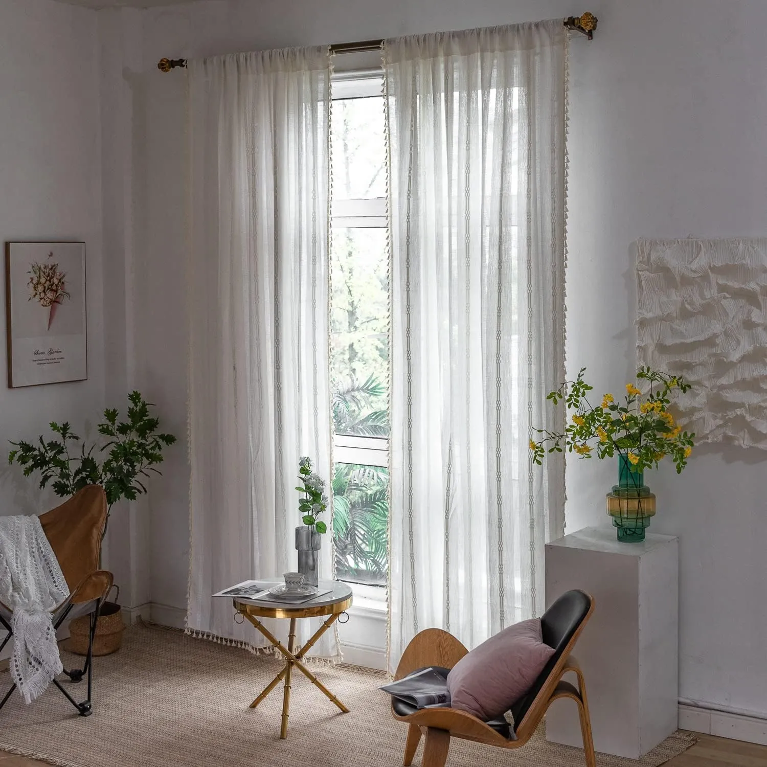 Boho Curtains for Bedroom Embroidery Striped Farmhouse 84 Inches Long 2 Pannels Set White Linen Light Filtering for Living Room Rod Pocket Drapes(52" W x 84" L,White)