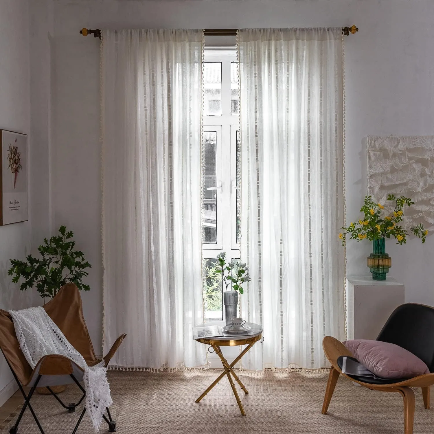 Boho Curtains for Bedroom Embroidery Striped Farmhouse 84 Inches Long 2 Pannels Set White Linen Light Filtering for Living Room Rod Pocket Drapes(52" W x 84" L,White)