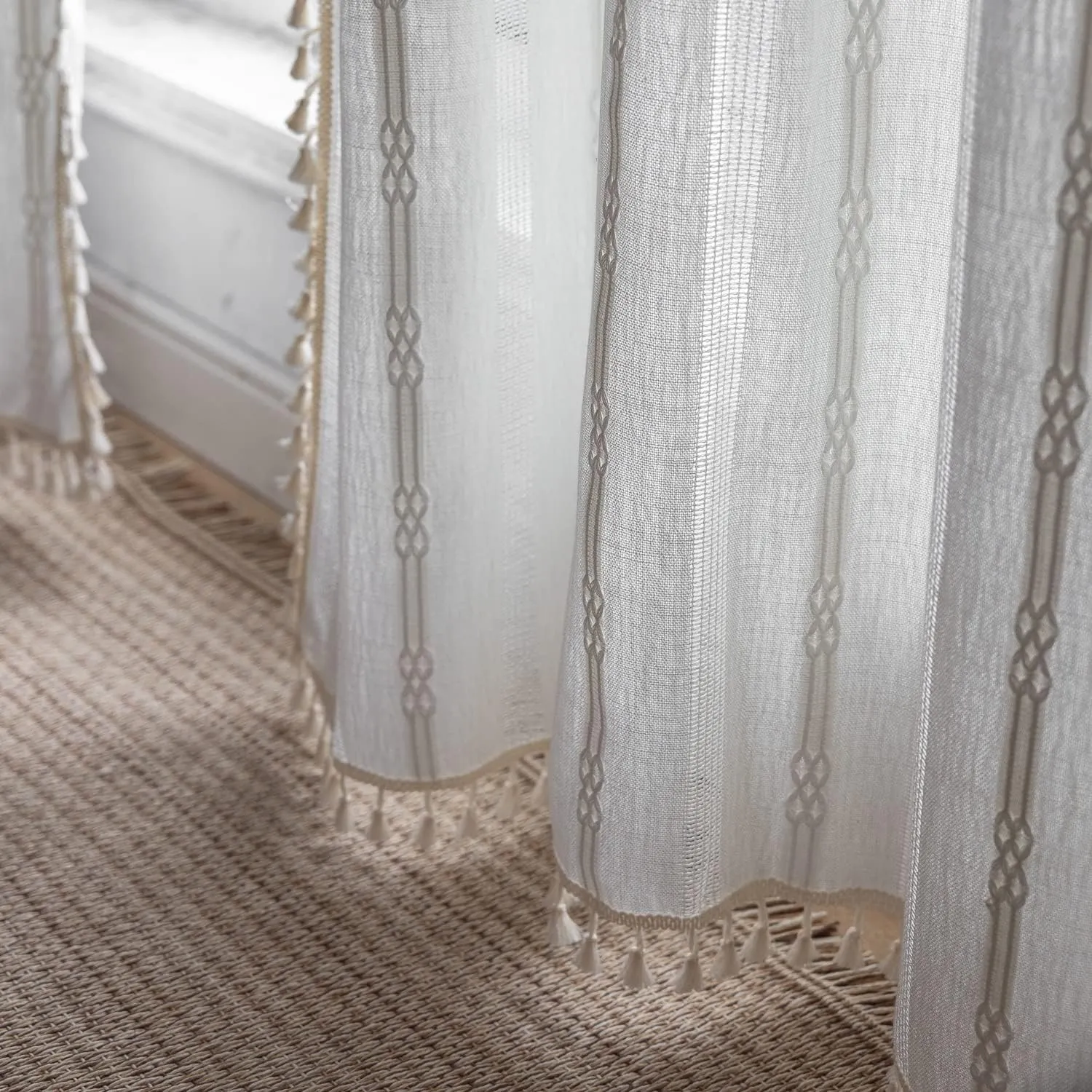 Boho Curtains for Bedroom Embroidery Striped Farmhouse 84 Inches Long 2 Pannels Set White Linen Light Filtering for Living Room Rod Pocket Drapes(52" W x 84" L,White)