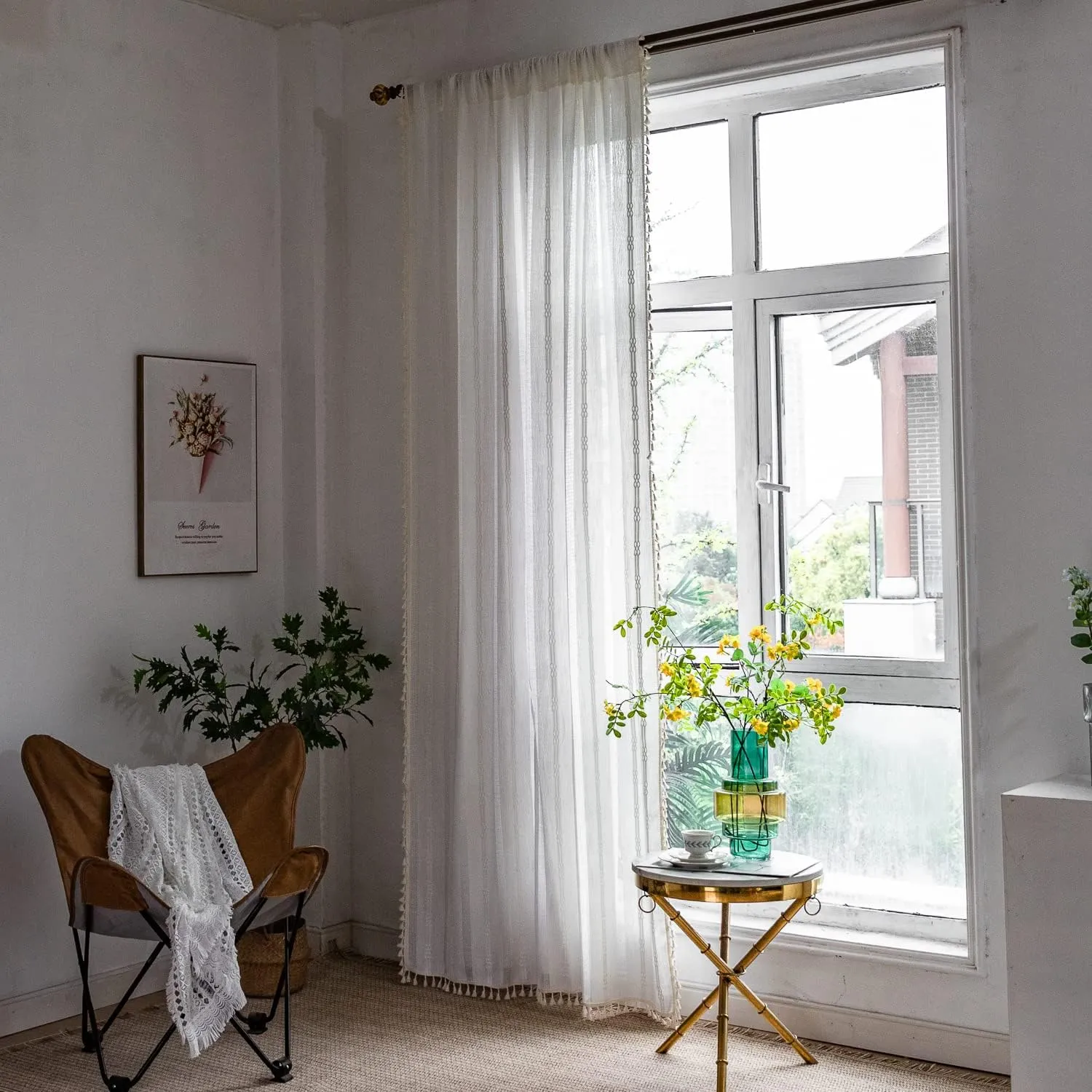Boho Curtains for Bedroom Embroidery Striped Farmhouse 84 Inches Long 2 Pannels Set White Linen Light Filtering for Living Room Rod Pocket Drapes(52" W x 84" L,White)