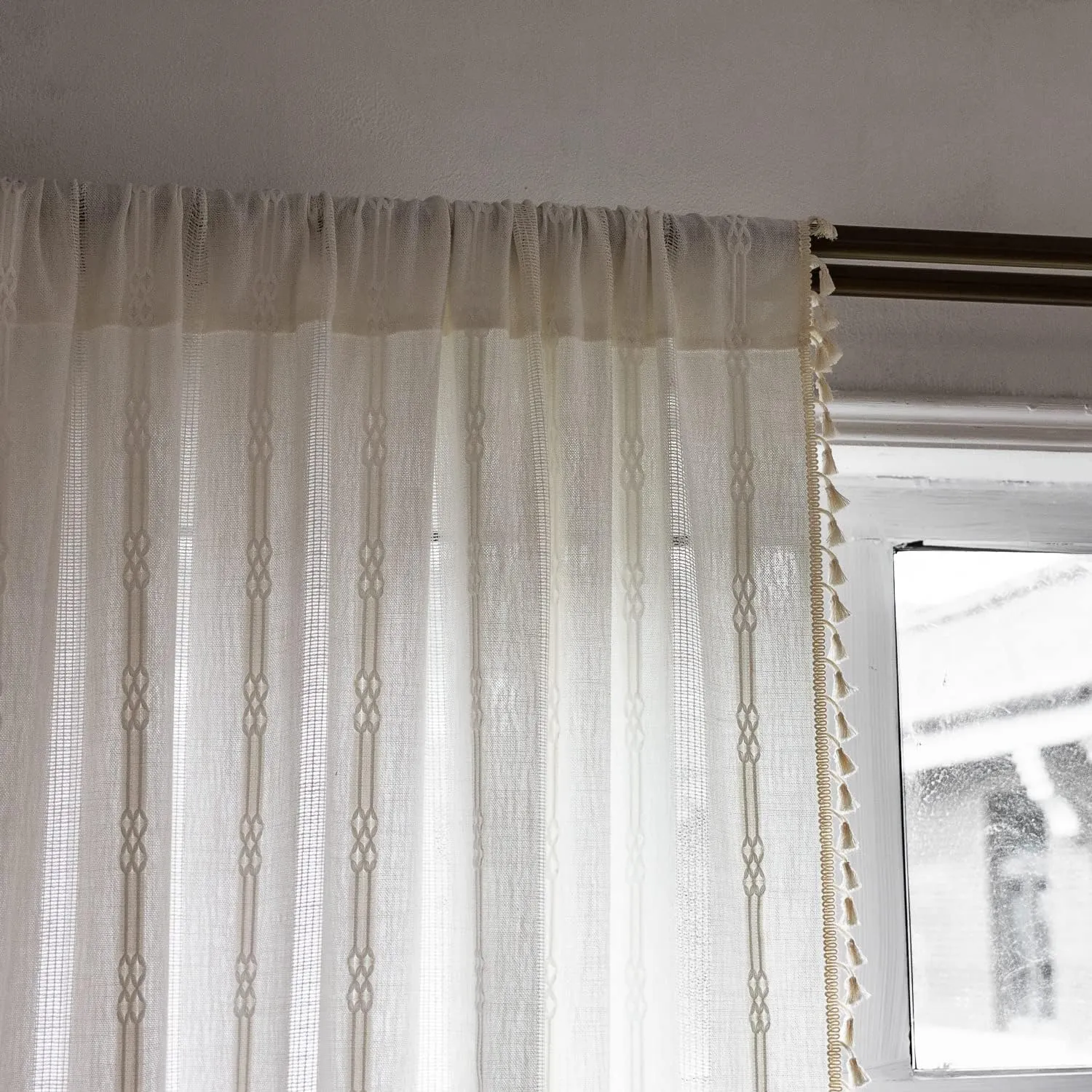 Boho Curtains for Bedroom Embroidery Striped Farmhouse 84 Inches Long 2 Pannels Set White Linen Light Filtering for Living Room Rod Pocket Drapes(52" W x 84" L,White)