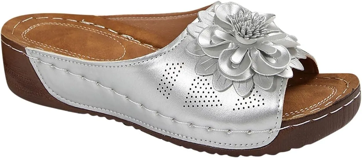 Boho Flower Decor Slide Sandals for Women Summer Outdoor Arch Support Slides Comfort Low Wedge Slippers Beach Sandal