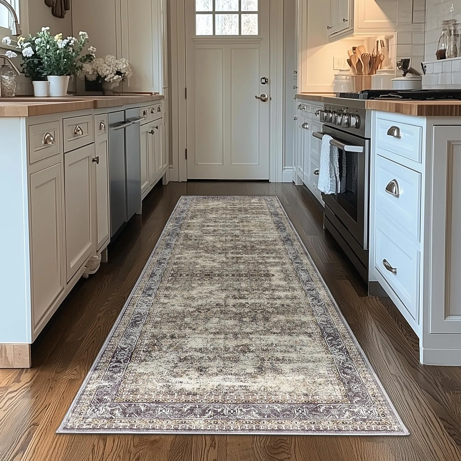 Boho Runner Rug 2x8 ft - Non-Slip Washable Area Rug for Outdoor & Indoor Use, Brown Hallway Runner Carpet