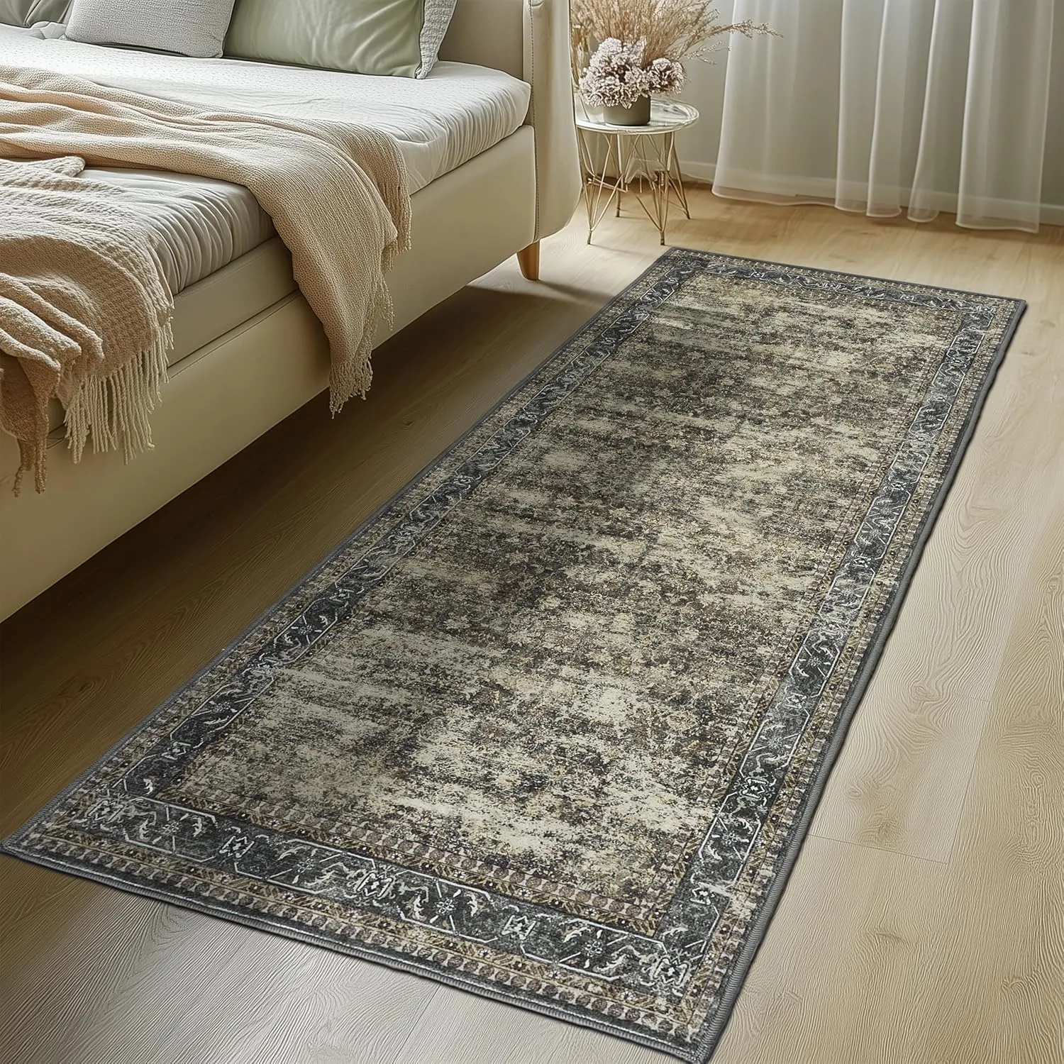 Boho Runner Rug 2x8 ft - Non-Slip Washable Area Rug for Outdoor & Indoor Use, Brown Hallway Runner Carpet