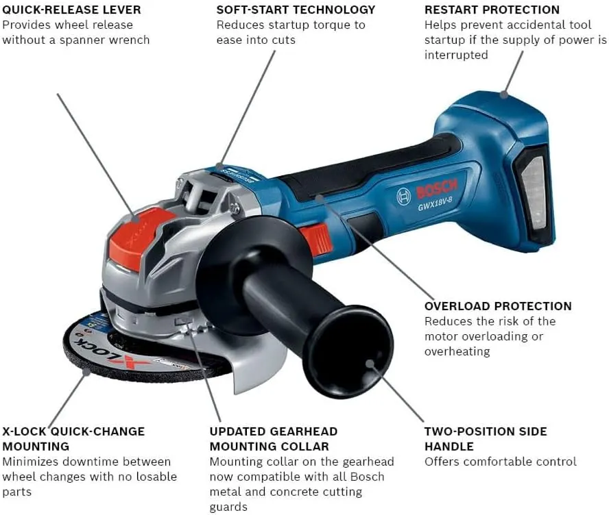 BOSCH GWX18V-8N 18V X-LOCK Brushless 4-1/2 Inch Angle Grinder with Slide Switch, Tool-free Disc Swap (Bare Tool)