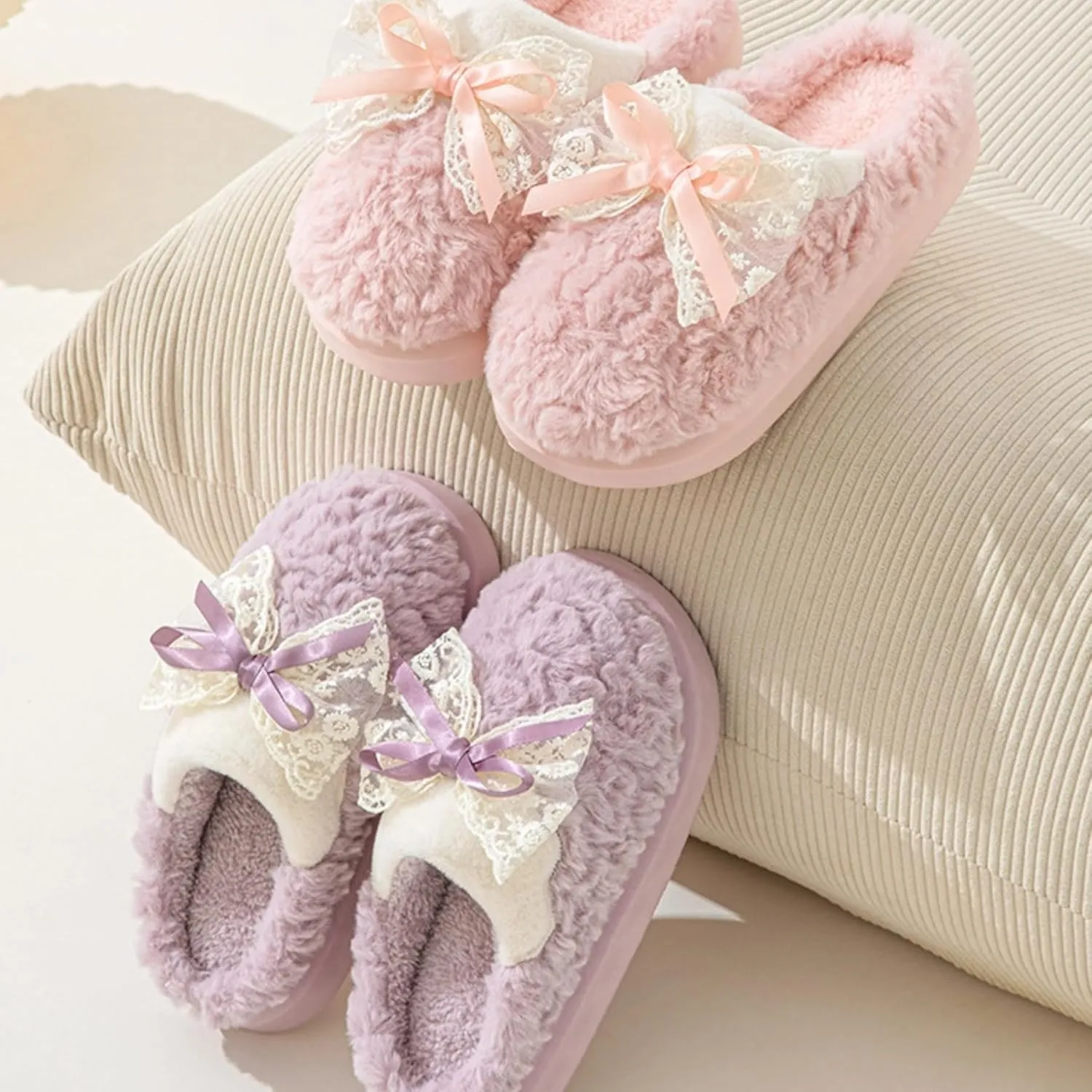 Bow House Slippers for Women Fuzzy Plush Home Slippers with Lace Bow Indoor Cozy Winter Warm Bow Tie Slippers Thickened Sole Slides Comfy Bedroom Shoes
