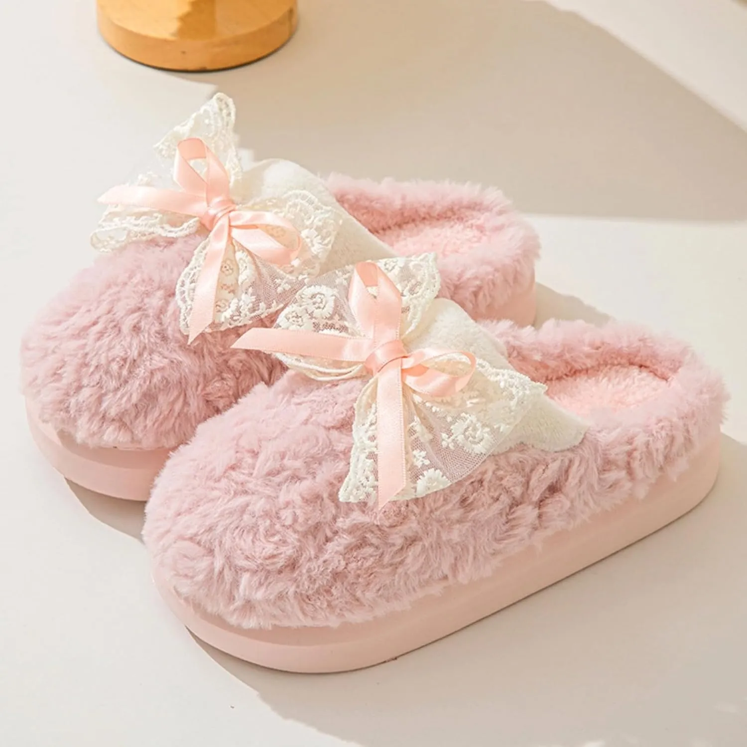 Bow House Slippers for Women Fuzzy Plush Home Slippers with Lace Bow Indoor Cozy Winter Warm Bow Tie Slippers Thickened Sole Slides Comfy Bedroom Shoes