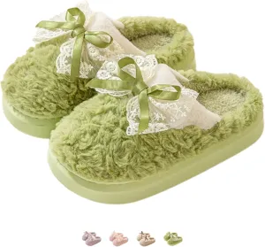 Bow House Slippers for Women Fuzzy Plush Home Slippers with Lace Bow Indoor Cozy Winter Warm Bow Tie Slippers Thickened Sole Slides Comfy Bedroom Shoes