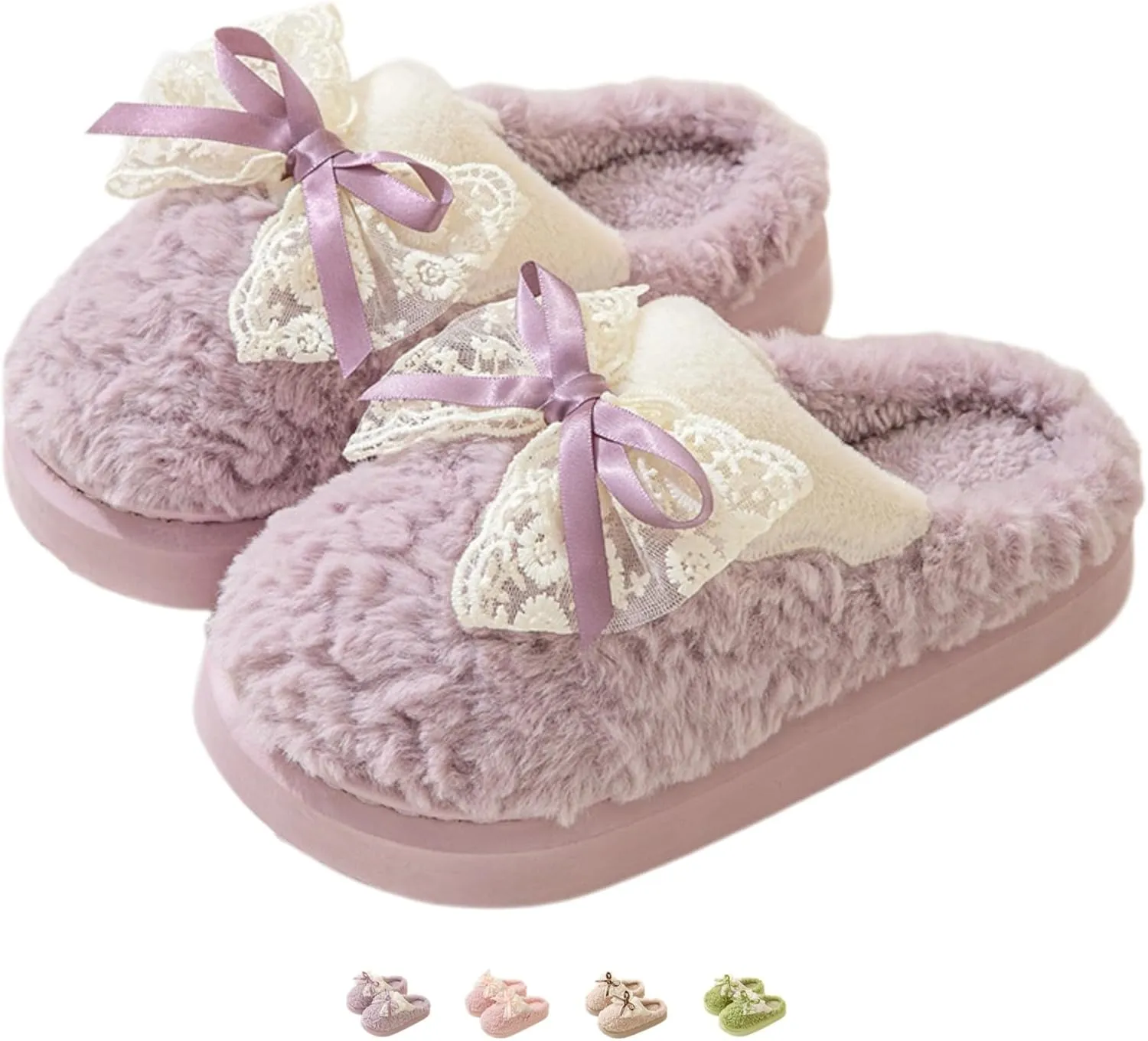 Bow House Slippers for Women Fuzzy Plush Home Slippers with Lace Bow Indoor Cozy Winter Warm Bow Tie Slippers Thickened Sole Slides Comfy Bedroom Shoes