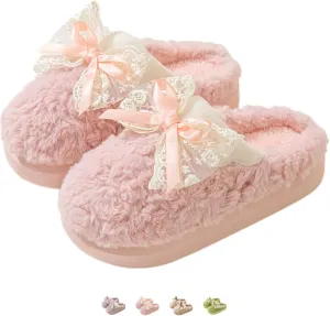 Bow House Slippers for Women Fuzzy Plush Home Slippers with Lace Bow Indoor Cozy Winter Warm Bow Tie Slippers Thickened Sole Slides Comfy Bedroom Shoes