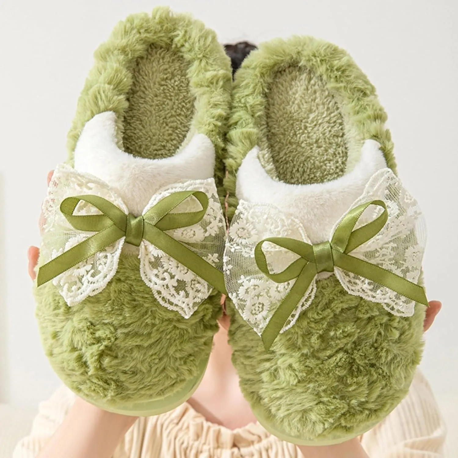 Bow House Slippers for Women Fuzzy Plush Home Slippers with Lace Bow Indoor Cozy Winter Warm Bow Tie Slippers Thickened Sole Slides Comfy Bedroom Shoes