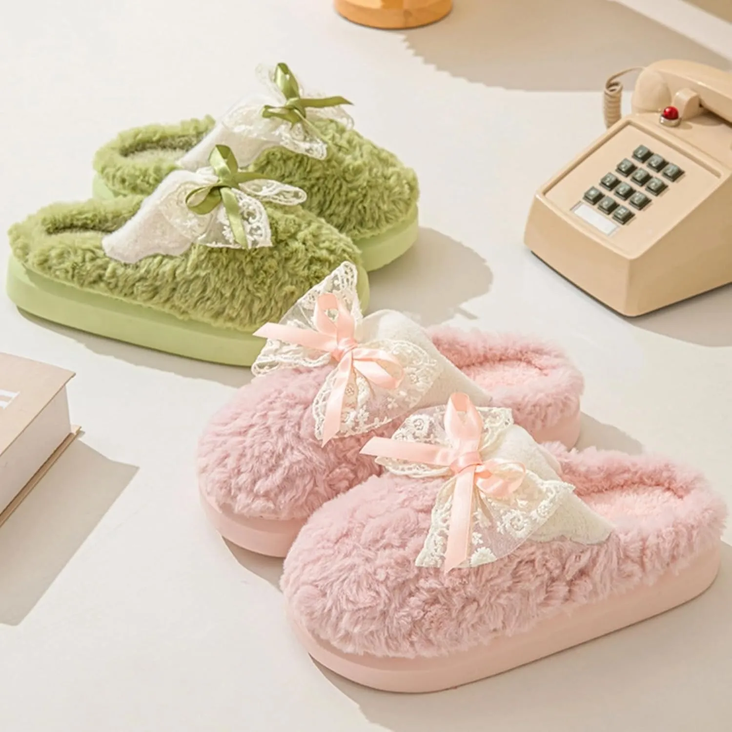 Bow House Slippers for Women Fuzzy Plush Home Slippers with Lace Bow Indoor Cozy Winter Warm Bow Tie Slippers Thickened Sole Slides Comfy Bedroom Shoes