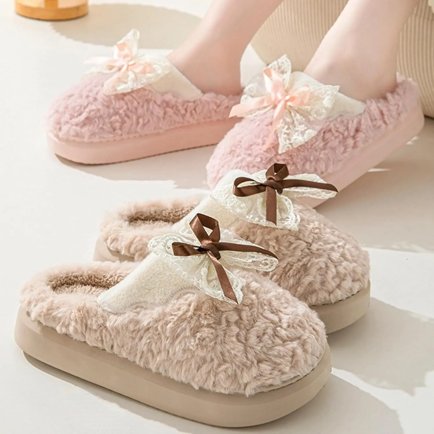 Bow House Slippers for Women Fuzzy Plush Home Slippers with Lace Bow Indoor Cozy Winter Warm Bow Tie Slippers Thickened Sole Slides Comfy Bedroom Shoes