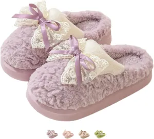 Bow House Slippers for Women Fuzzy Plush Home Slippers with Lace Bow Indoor Cozy Winter Warm Bow Tie Slippers Thickened Sole Slides Comfy Bedroom Shoes