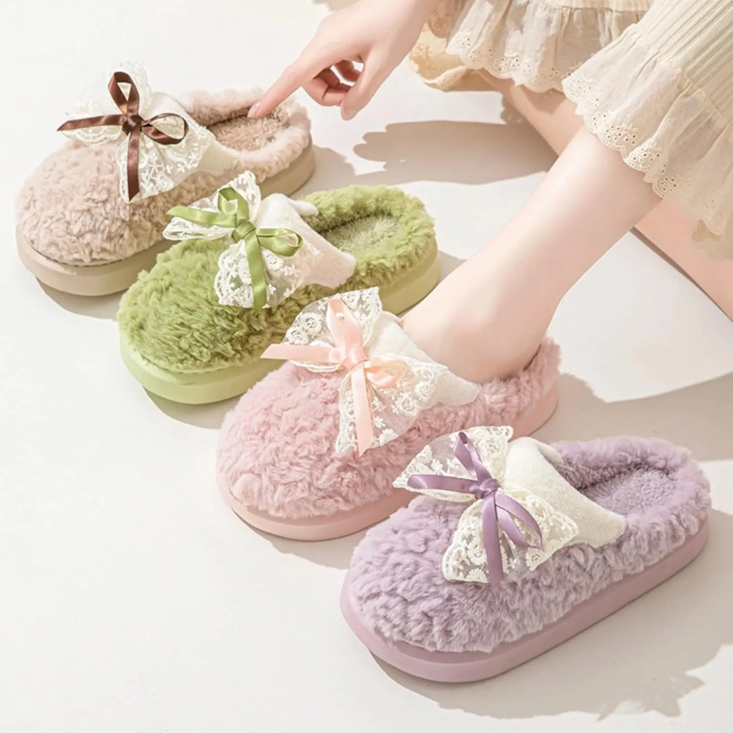 Bow House Slippers for Women Fuzzy Plush Home Slippers with Lace Bow Indoor Cozy Winter Warm Bow Tie Slippers Thickened Sole Slides Comfy Bedroom Shoes