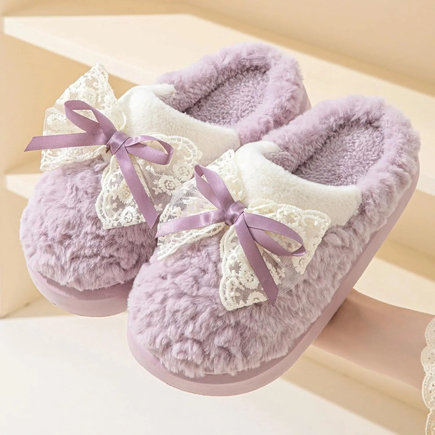 Bow House Slippers for Women Fuzzy Plush Home Slippers with Lace Bow Indoor Cozy Winter Warm Bow Tie Slippers Thickened Sole Slides Comfy Bedroom Shoes