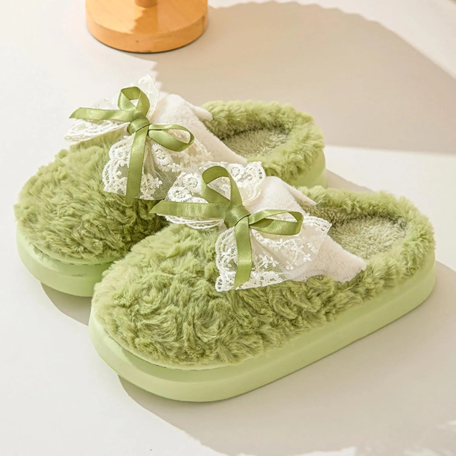 Bow House Slippers for Women Fuzzy Plush Home Slippers with Lace Bow Indoor Cozy Winter Warm Bow Tie Slippers Thickened Sole Slides Comfy Bedroom Shoes