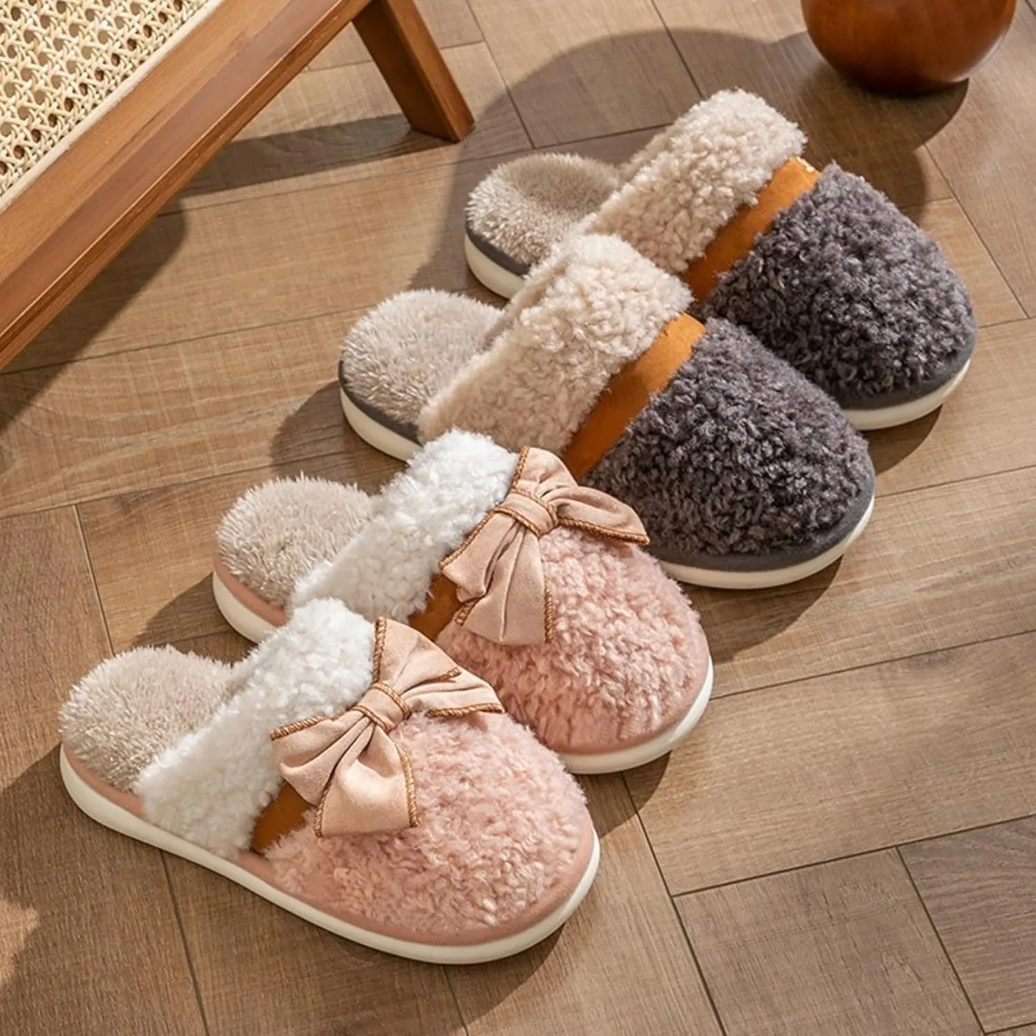 Bow Slippers for Women Men Indoor Winter Warm Plush House Slippers Slides Cute Cotton Couple Slippers Bow Tie Cozy Slip On Bedroom Slippers Shoes Comfy Home Slippers with Bows