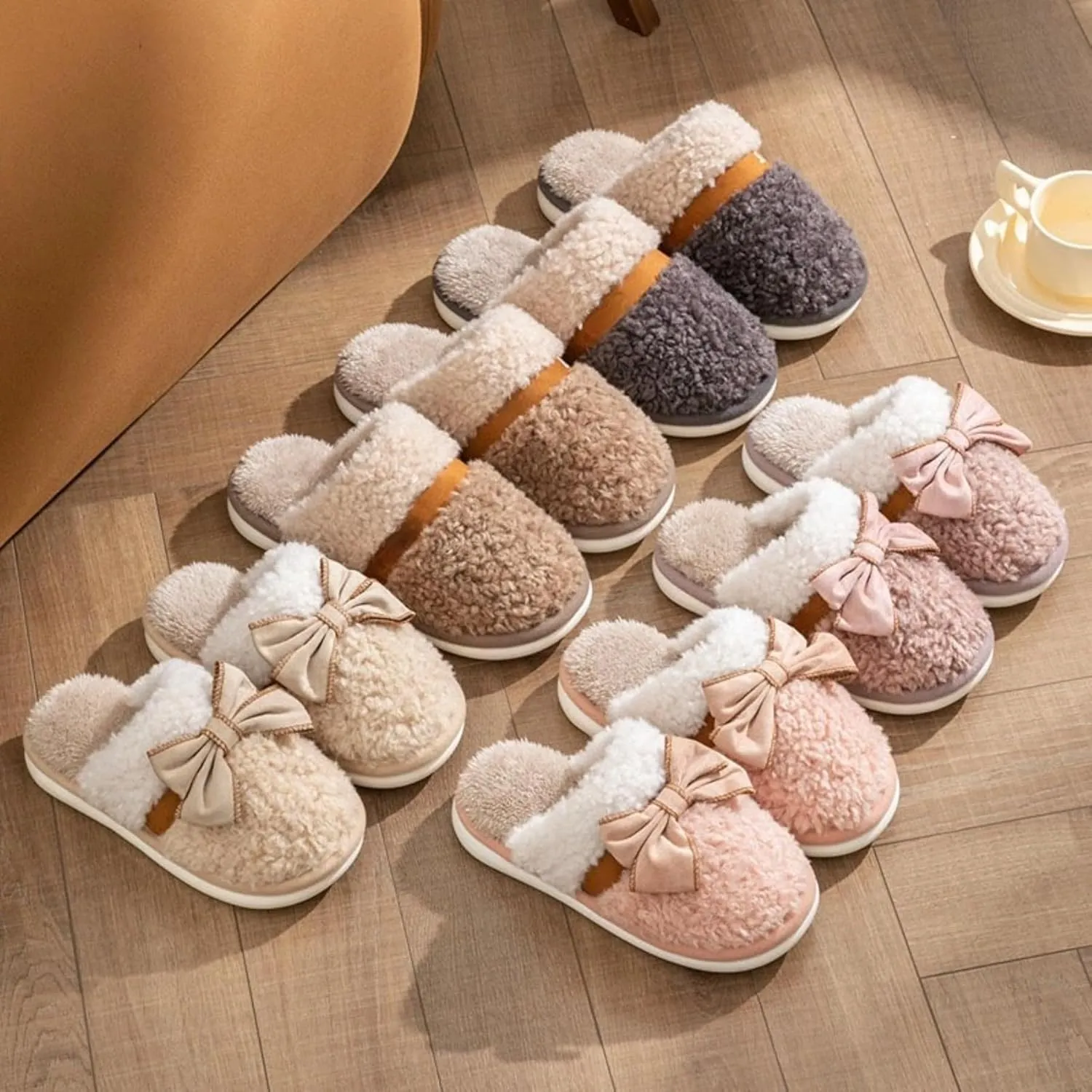 Bow Slippers for Women Men Indoor Winter Warm Plush House Slippers Slides Cute Cotton Couple Slippers Bow Tie Cozy Slip On Bedroom Slippers Shoes Comfy Home Slippers with Bows