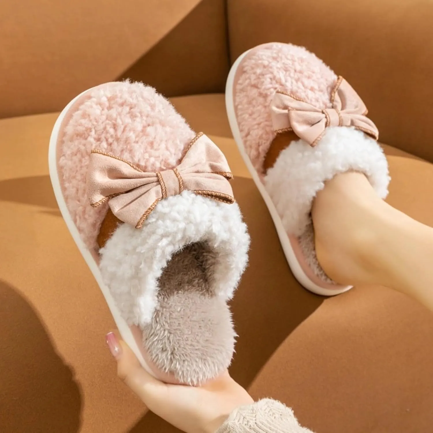 Bow Slippers for Women Men Indoor Winter Warm Plush House Slippers Slides Cute Cotton Couple Slippers Bow Tie Cozy Slip On Bedroom Slippers Shoes Comfy Home Slippers with Bows