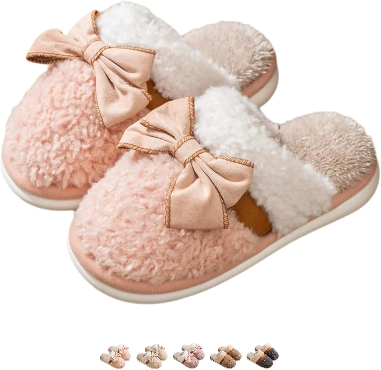 Bow Slippers for Women Men Indoor Winter Warm Plush House Slippers Slides Cute Cotton Couple Slippers Bow Tie Cozy Slip On Bedroom Slippers Shoes Comfy Home Slippers with Bows